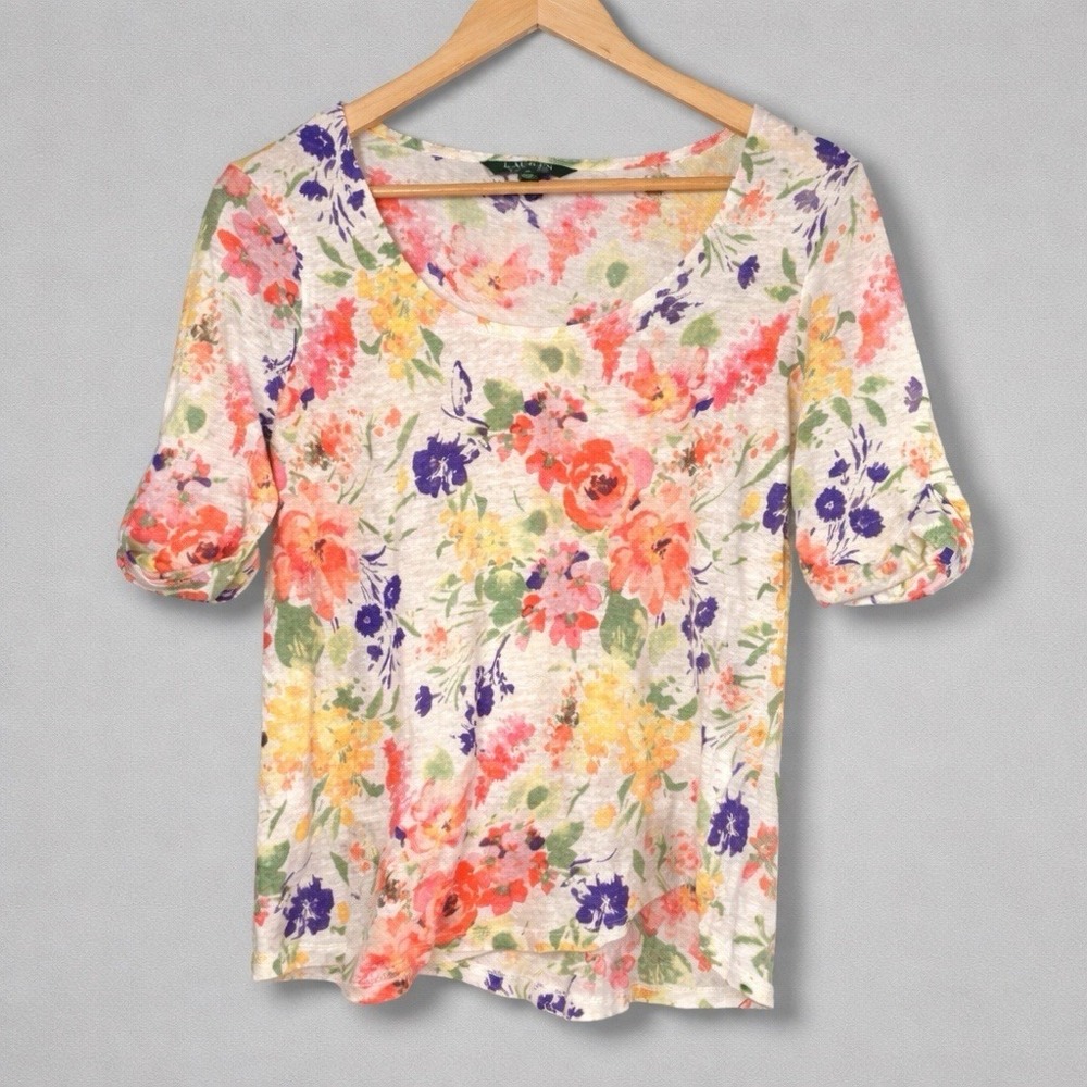 Lauren Ralph Lauren 100% Linen Top Womens XL Floral Coastal Resort Vacation